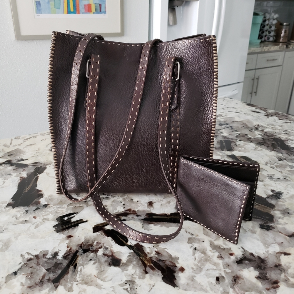 Fendi Selleria brown leather bag and wallet matching set, rare vintage